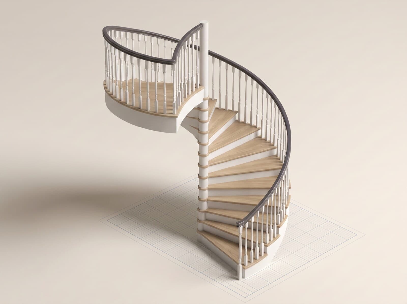 CAD render of a circular staircase — a full helix winding around a central column