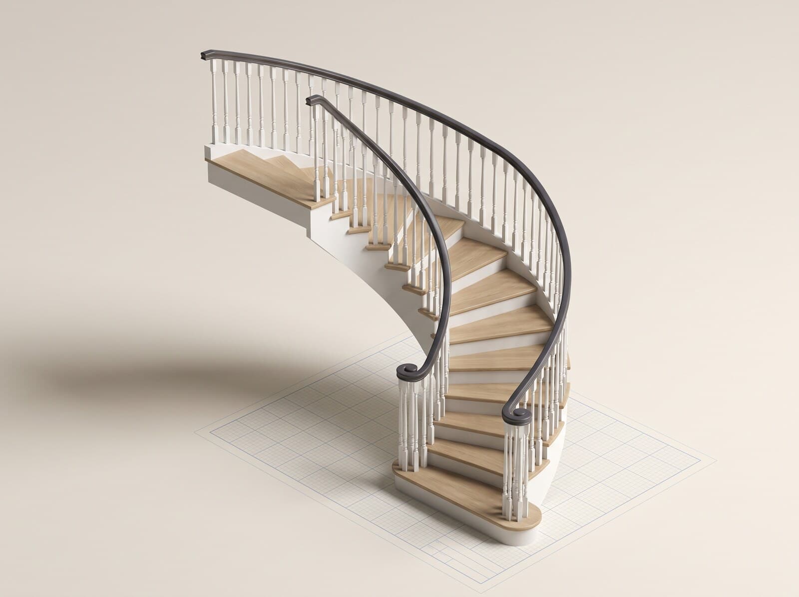 CAD render of a curved staircase — a sweeping radius with oak treads and a continuous walnut handrail