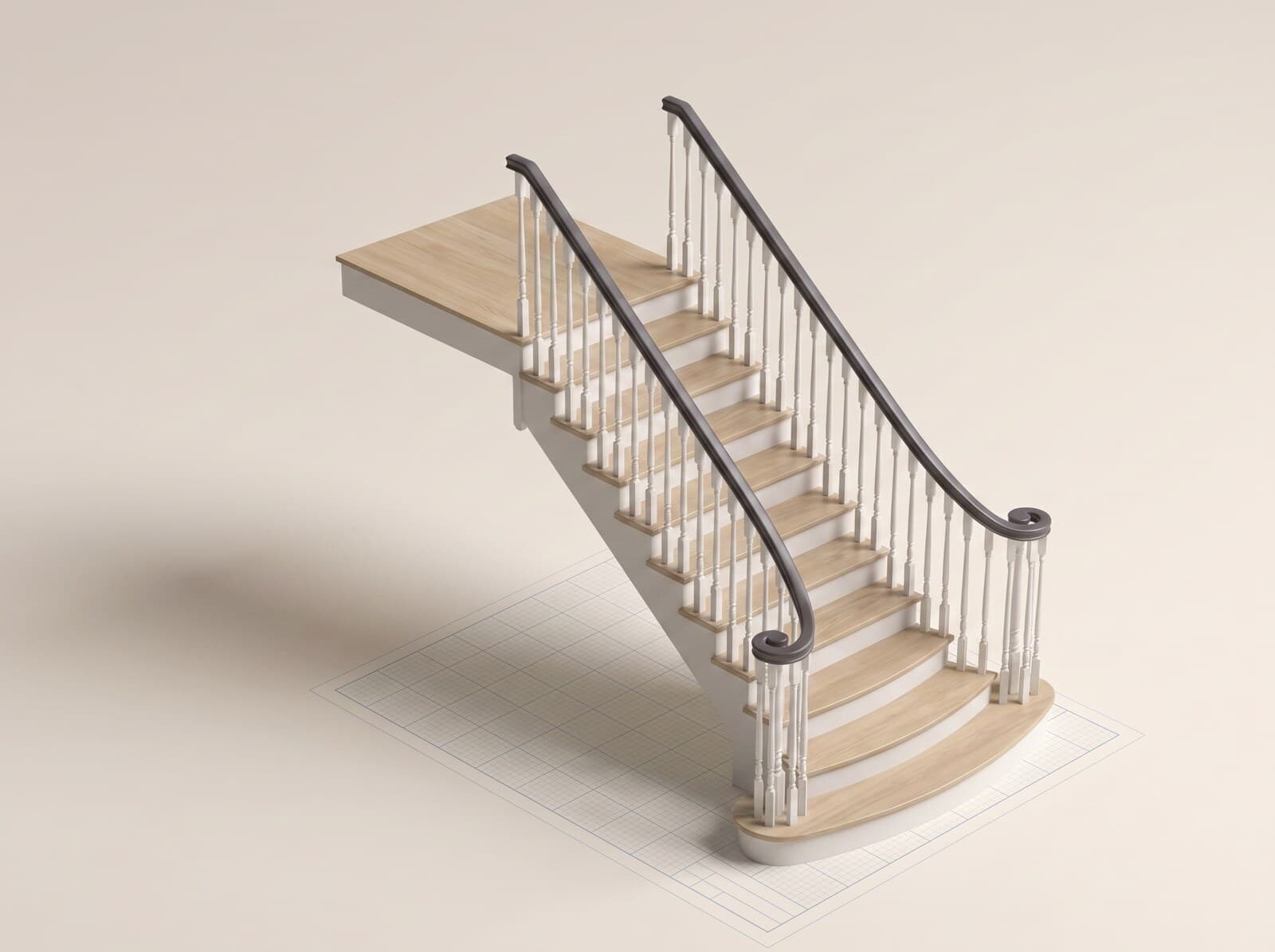 CAD render of a flared staircase — a straight flight flaring into a wide curved sweep at the bottom