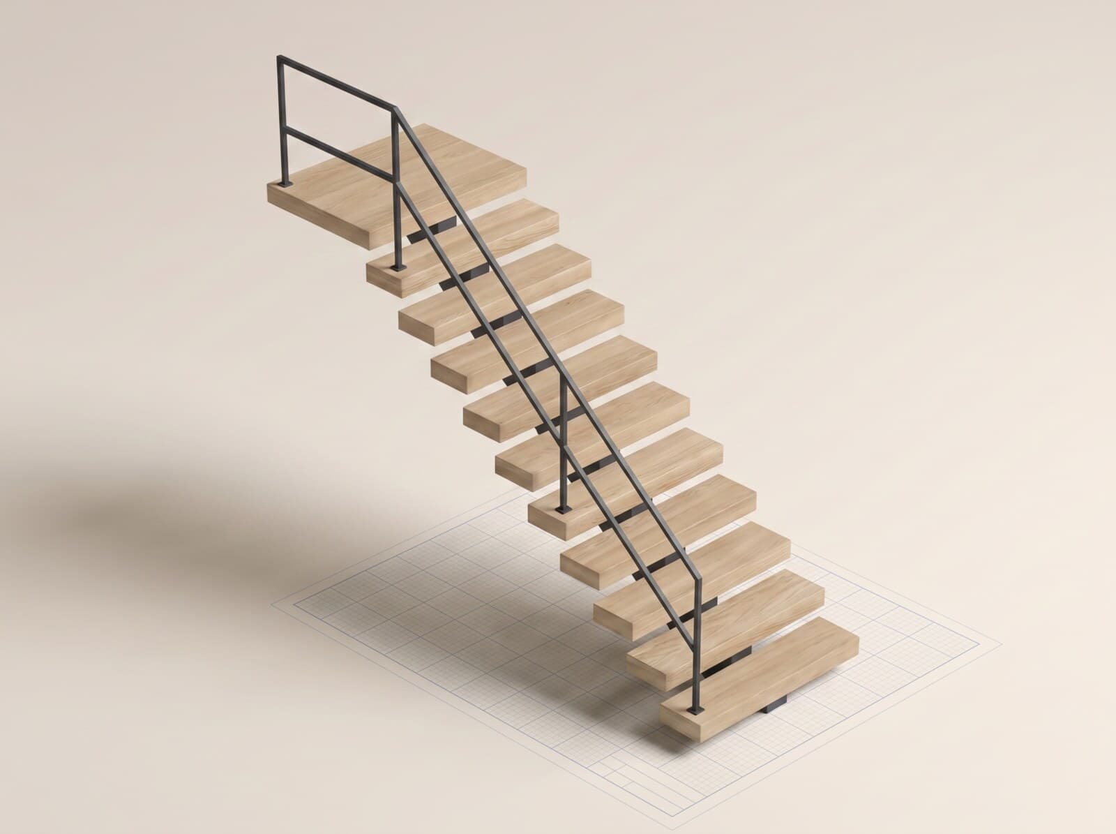 CAD render of a floating staircase — thick oak treads cantilevered from the wall with no risers