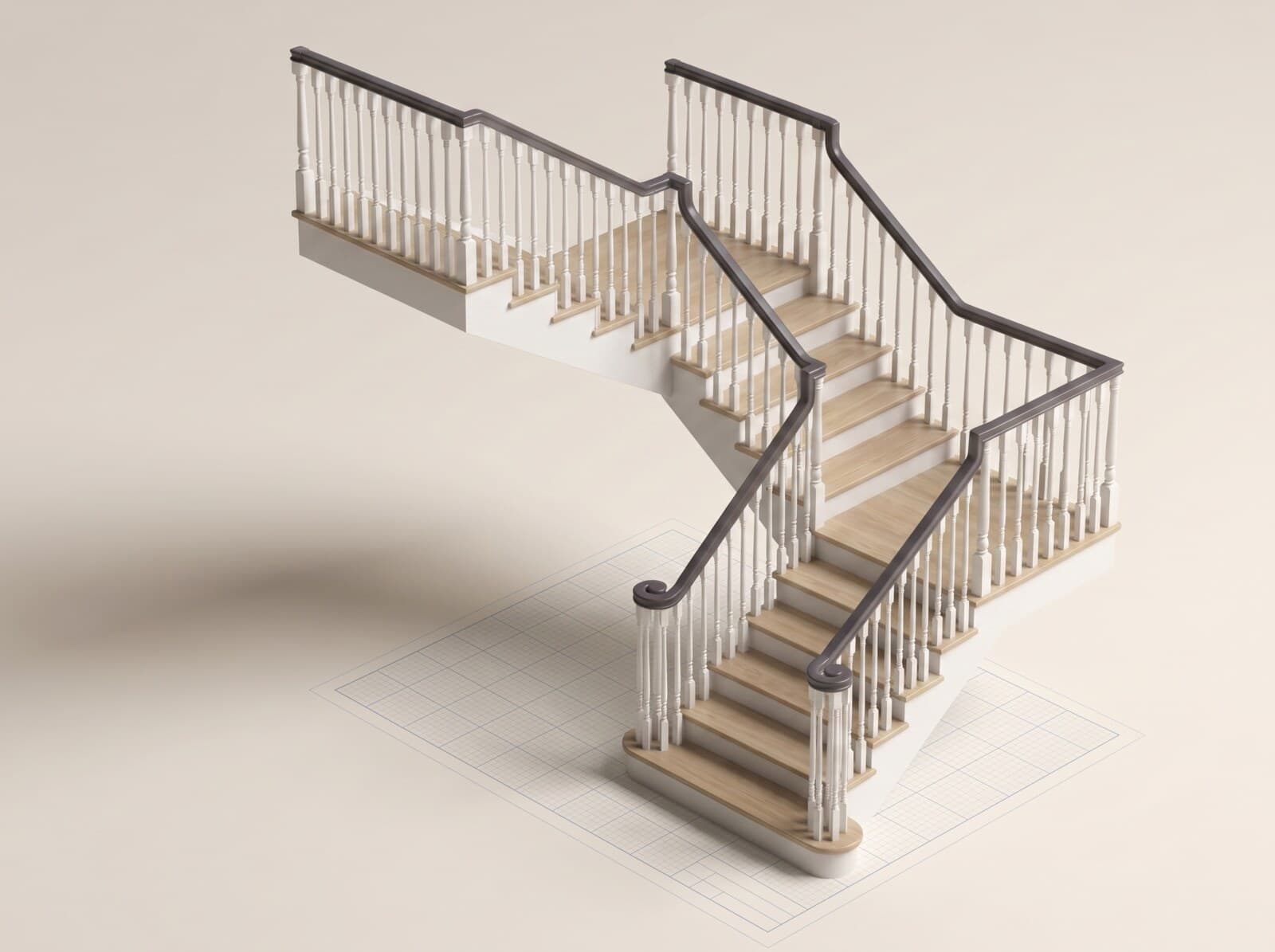 CAD render of an L-shape staircase — two flights meeting at a 90-degree landing