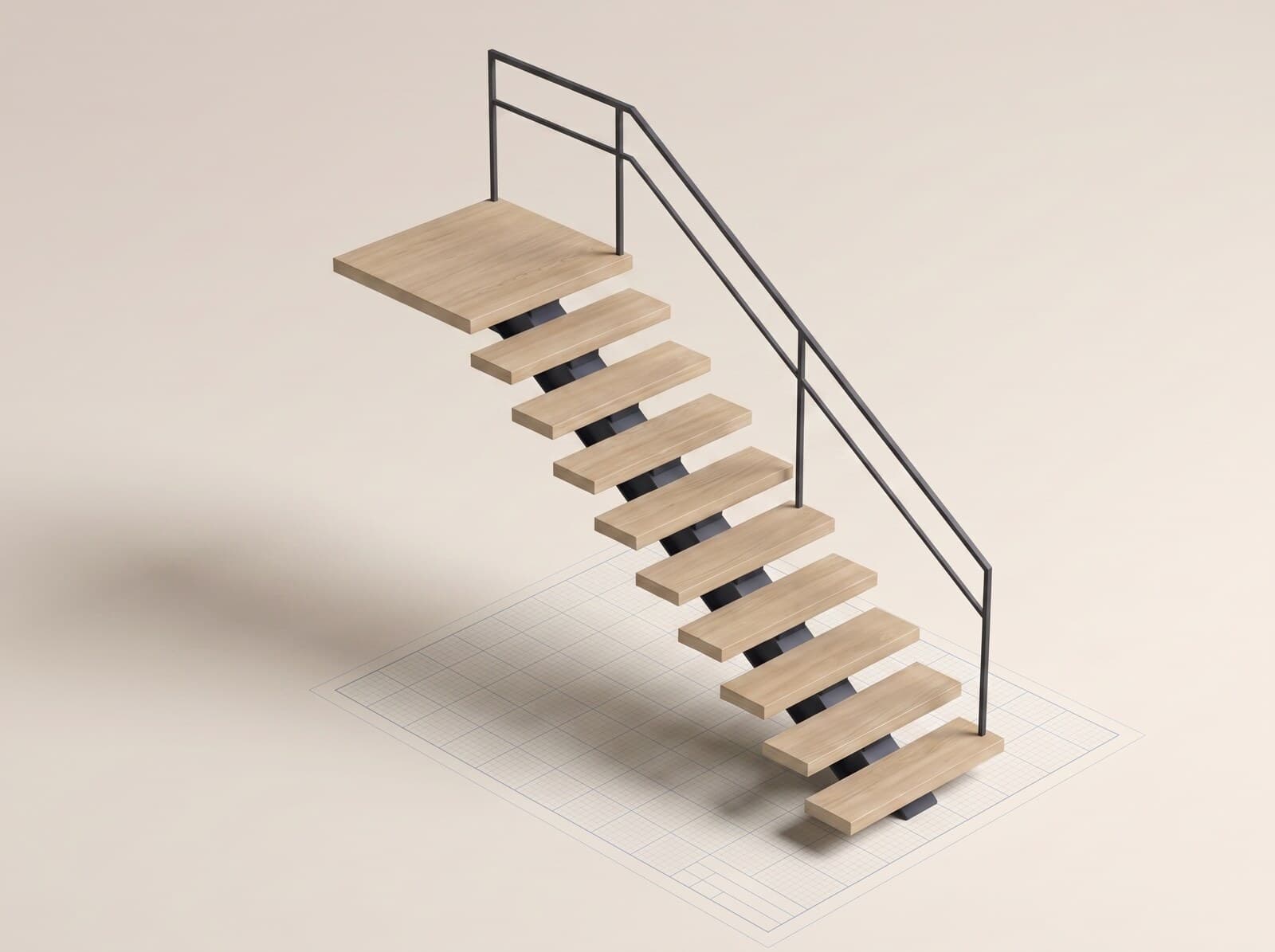 CAD render of a mono-stringer staircase — oak treads mounted on a single central steel beam