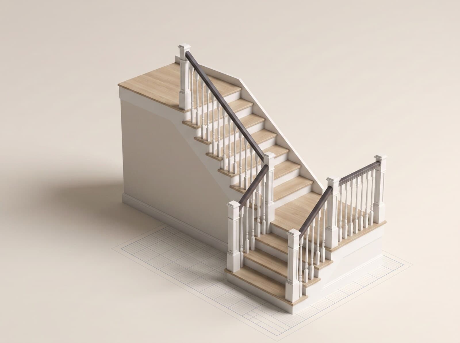 CAD render of an open-one-side staircase — a straight flight with a balustrade on one side, skirted on the other