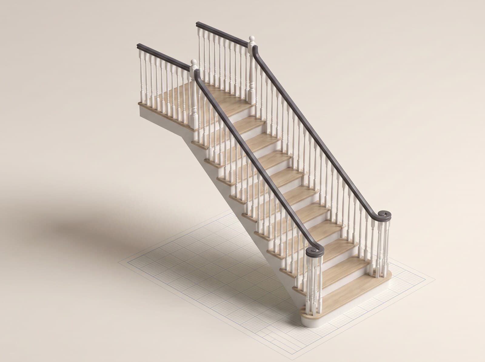 CAD render of an open-two-sides staircase — a straight flight with balustrades down both sides