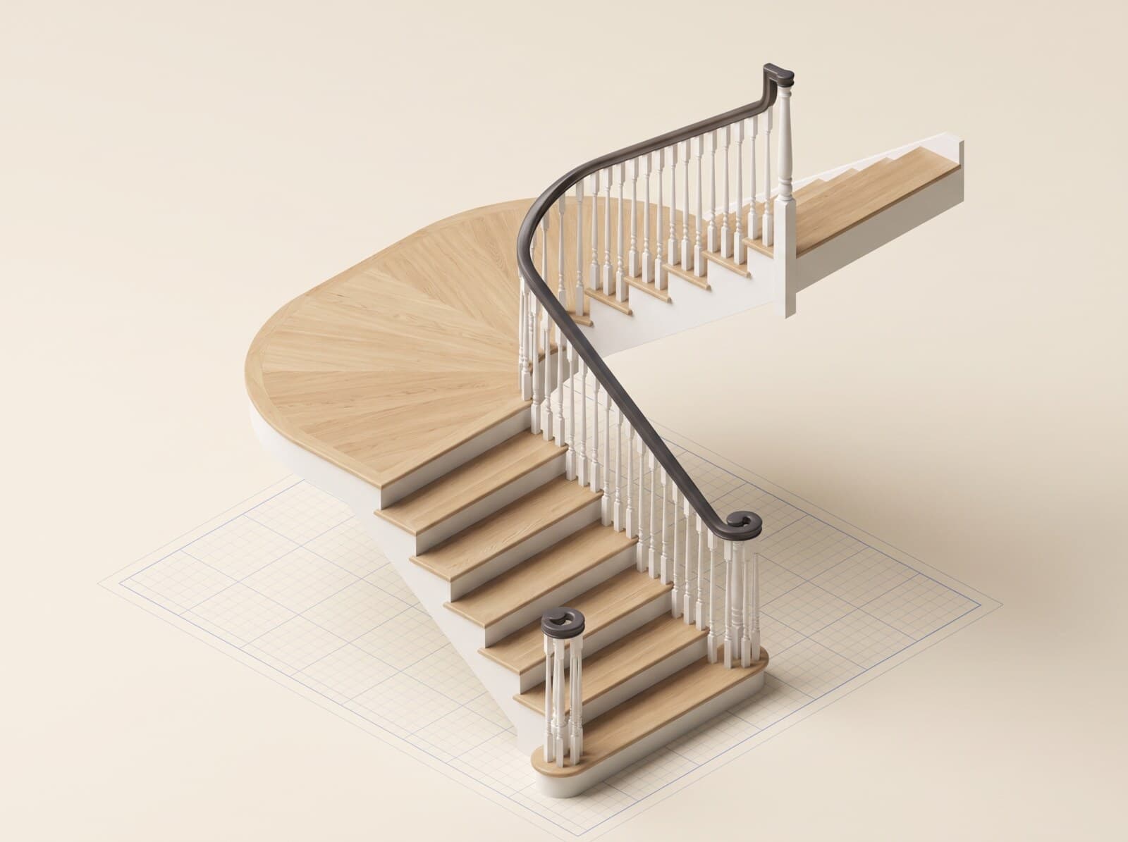 CAD render of a pie-shaped landing staircase — a curved platform transitioning between two flights