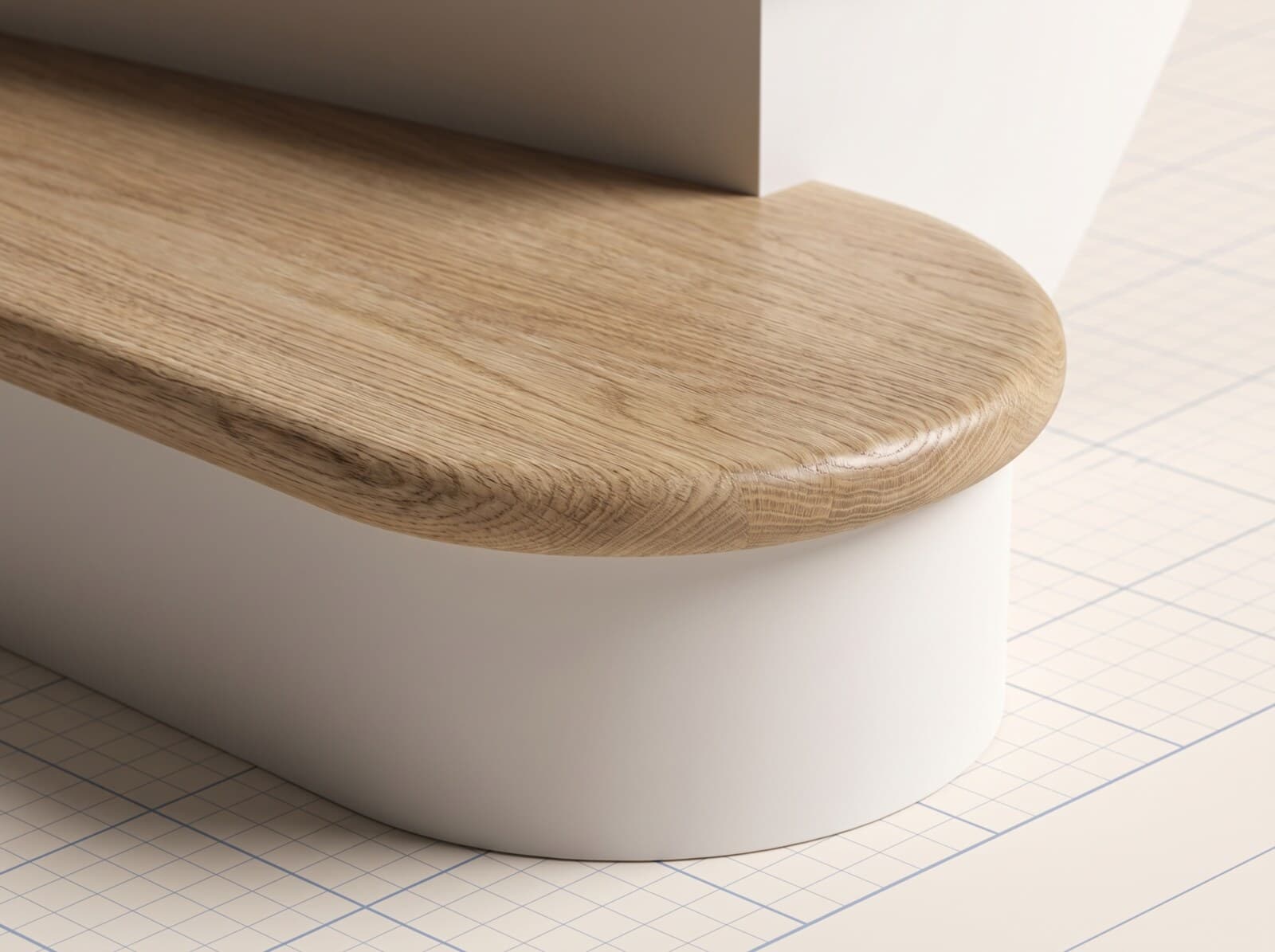 CAD render of a round-nose tread profile — a rounded bullnose front edge