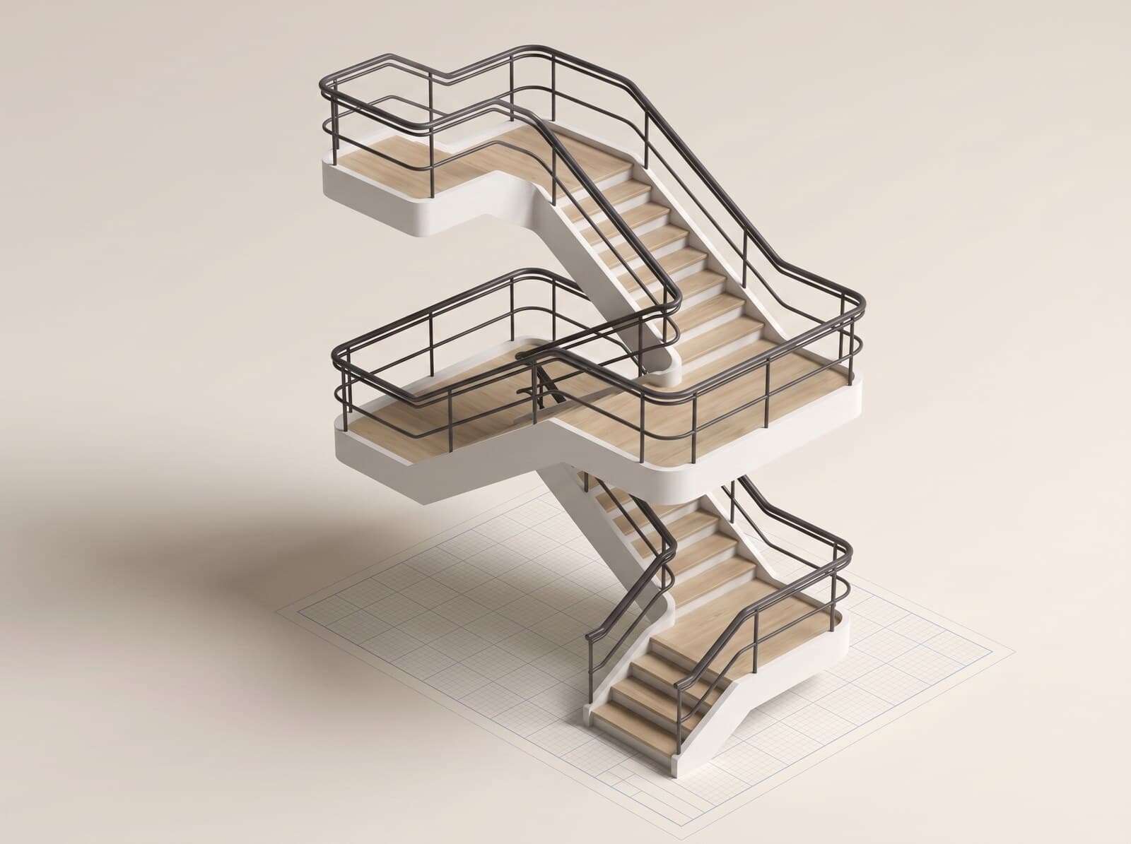 CAD render of a modular stair tower — stacked switch-back flights for multi-story buildings