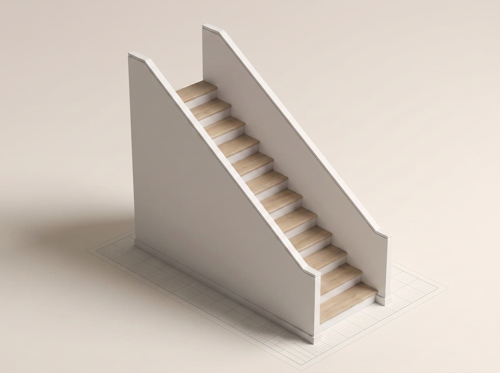 CAD render of a standard box staircase — a straight run closed on both sides with hidden stringers