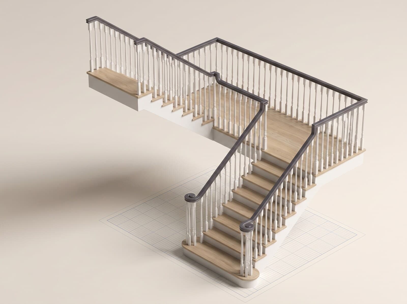 CAD render of a switch-back staircase — two flights making a 180-degree turn at a mid-landing