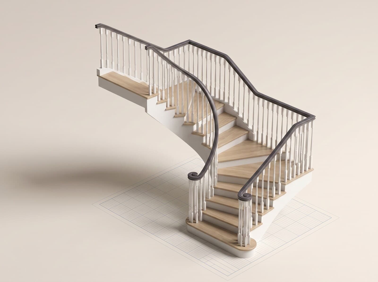 CAD render of a 3-piece winder staircase — pie-shaped treads turning the corner without a landing