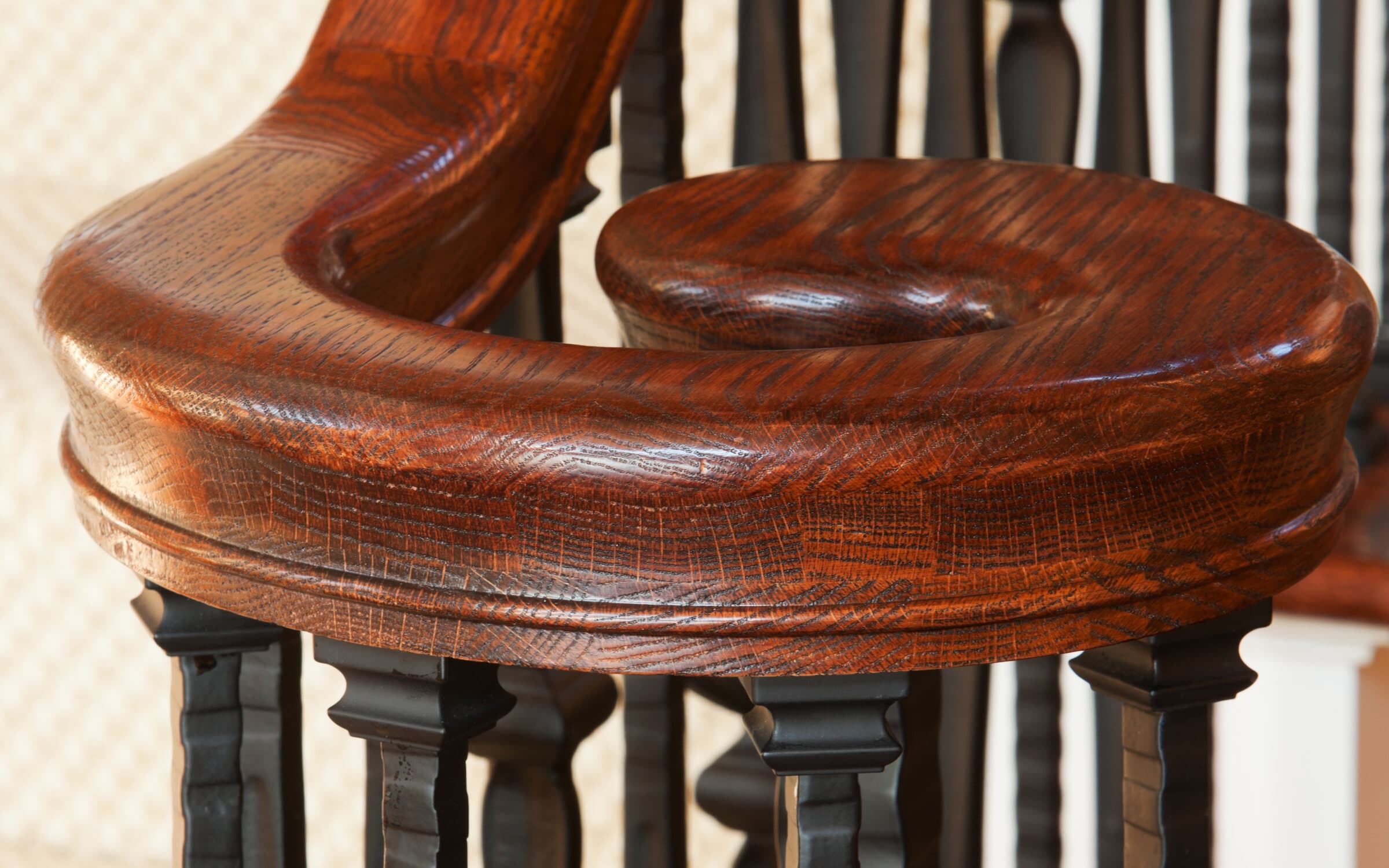 Snyder stair parts — wood newels, balusters, and handrail at the Whitehall shop
