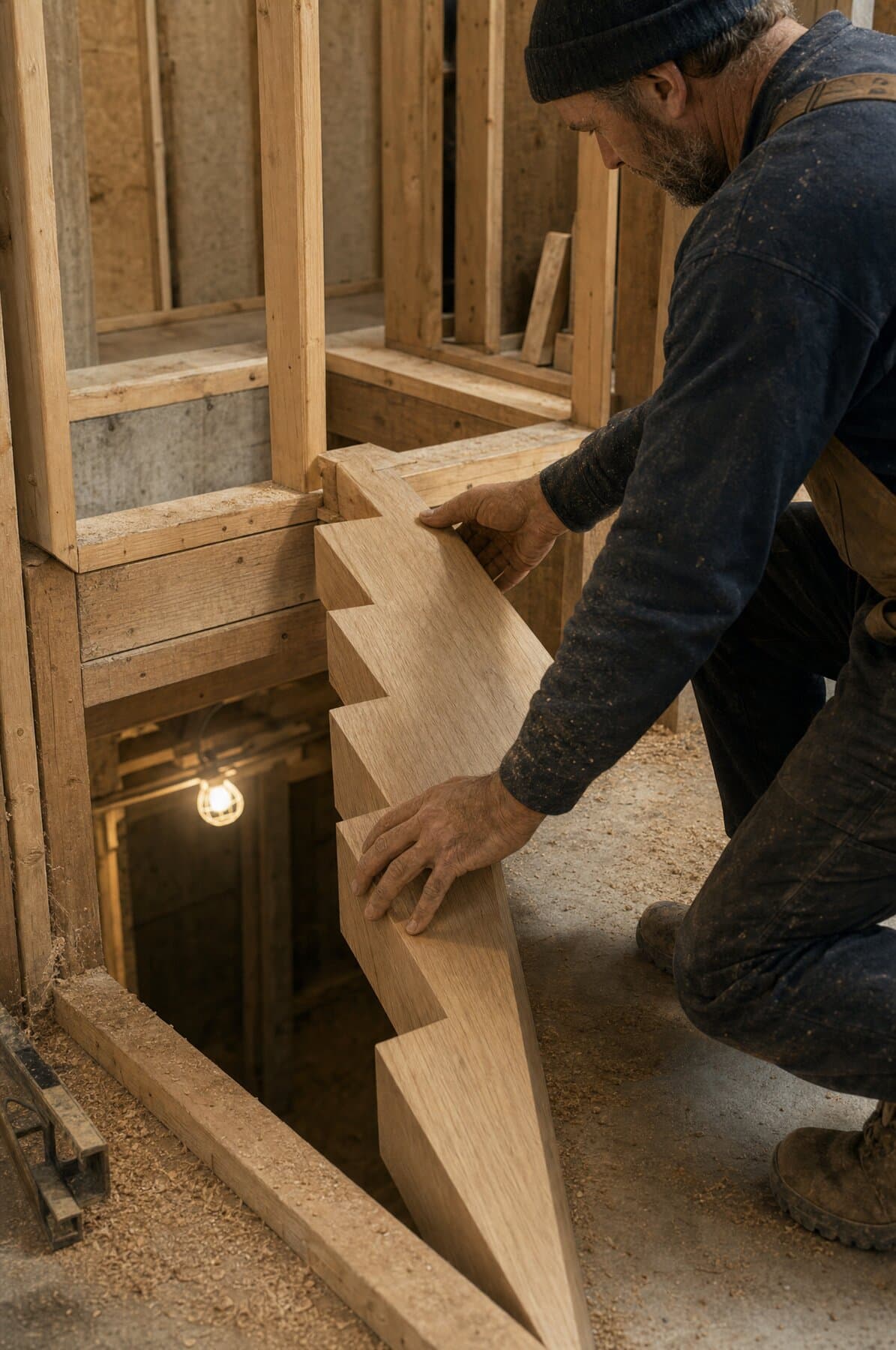 Setting a shop-built stair at a framed basement opening — process illustration.