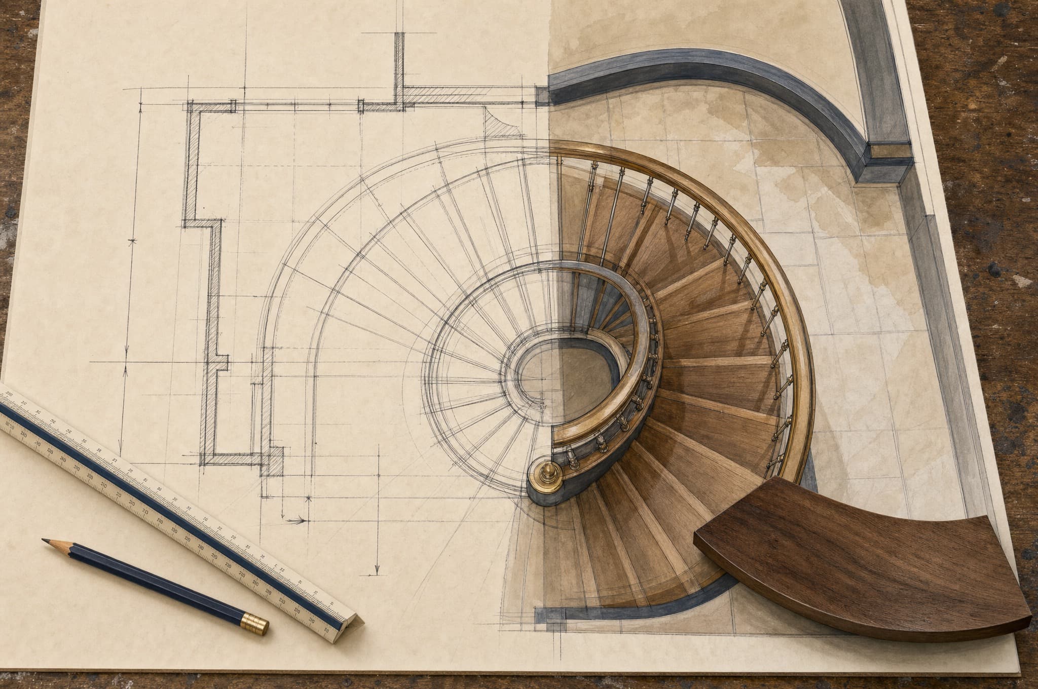 CAD plan and elevation shop drawings for a custom stair.