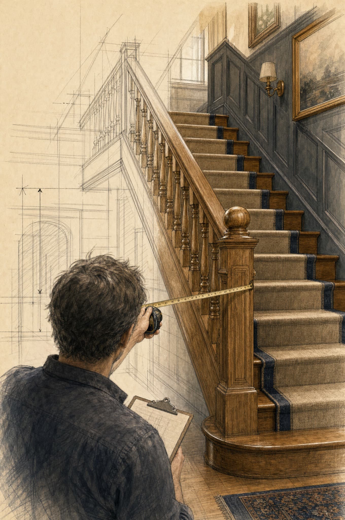 Field-measuring a staircase during the site visit — process illustration