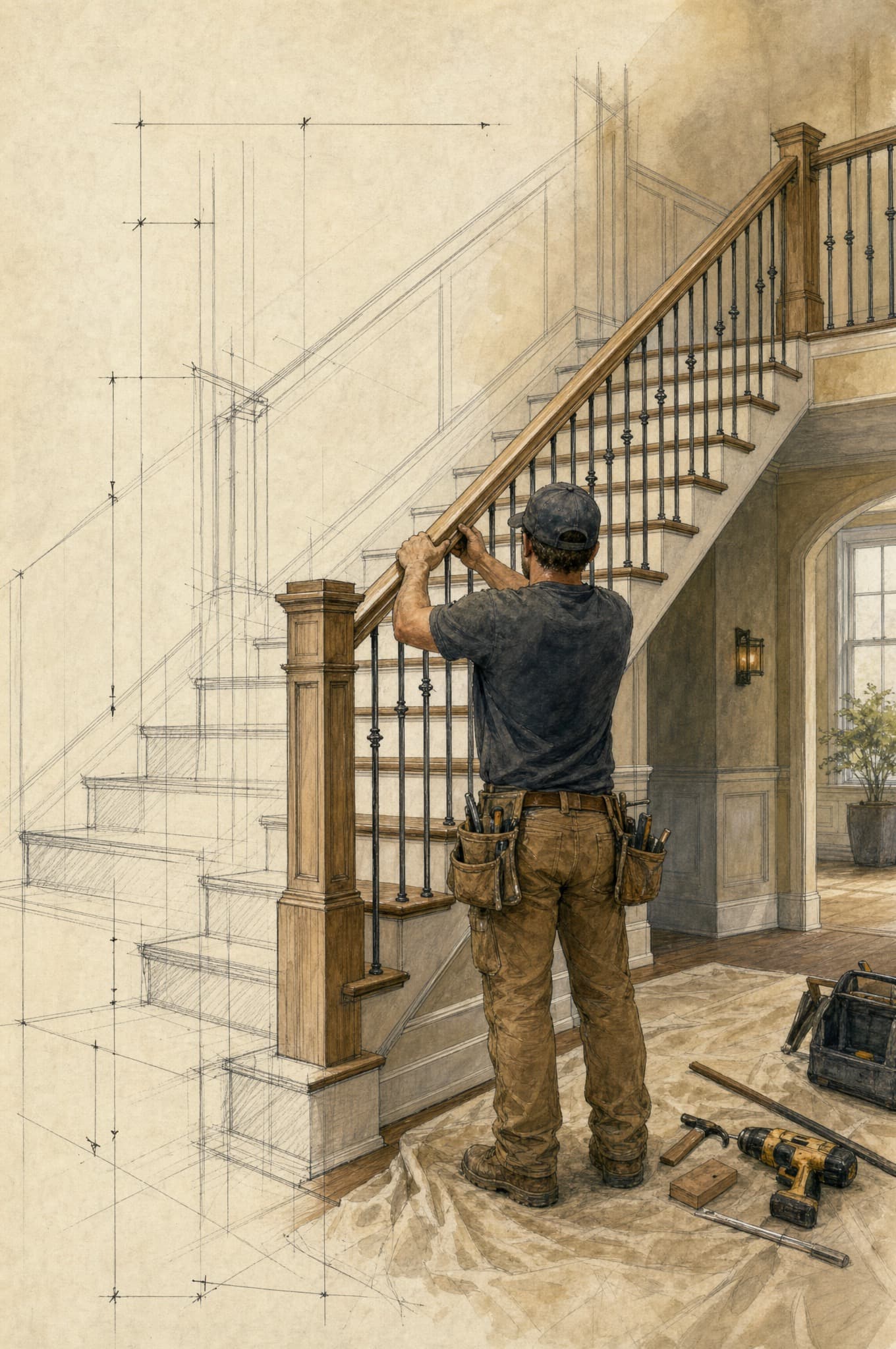 Installing a railing on site — process illustration