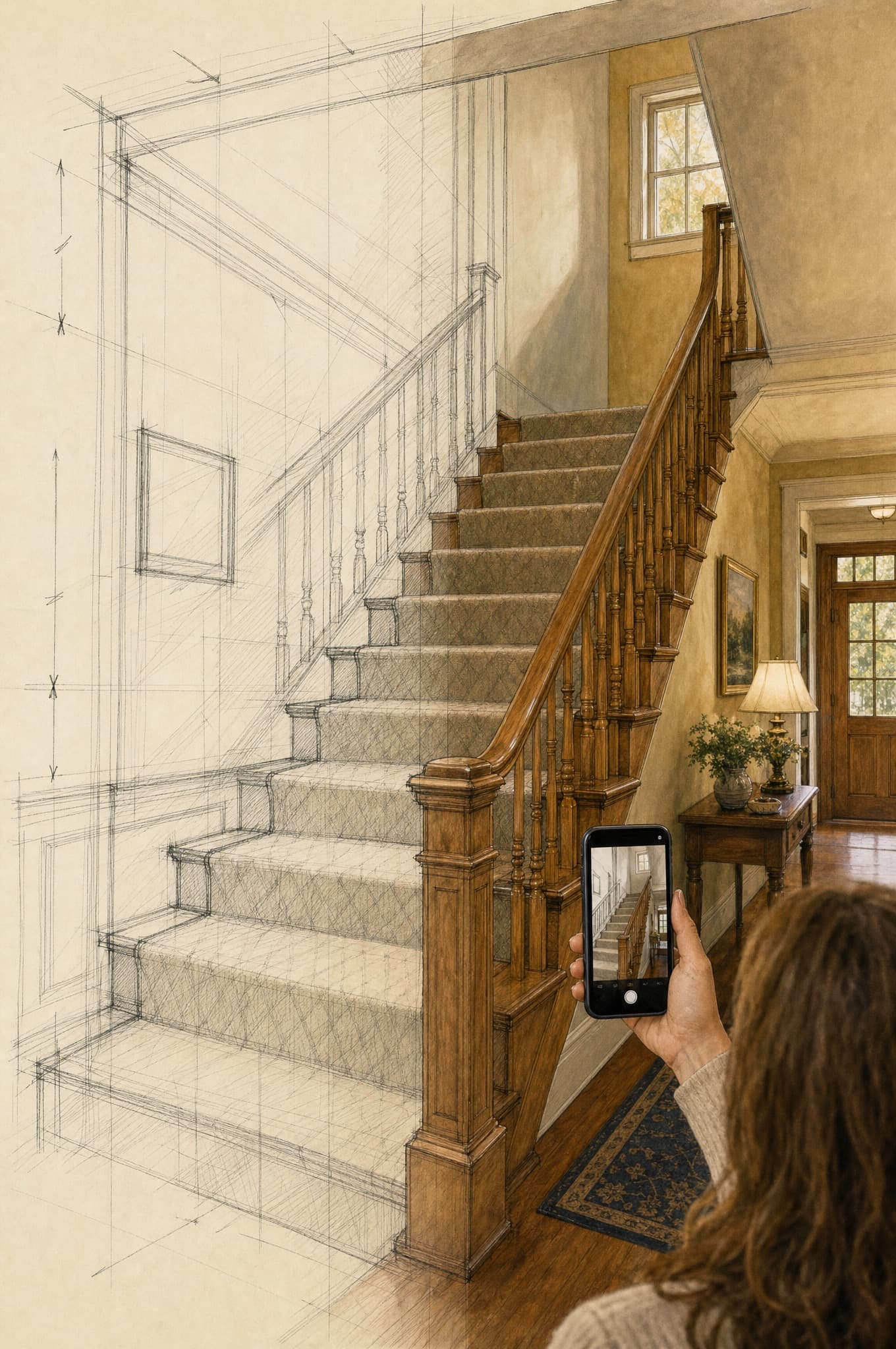 Photographing a worn stair to send for a budget range — process illustration