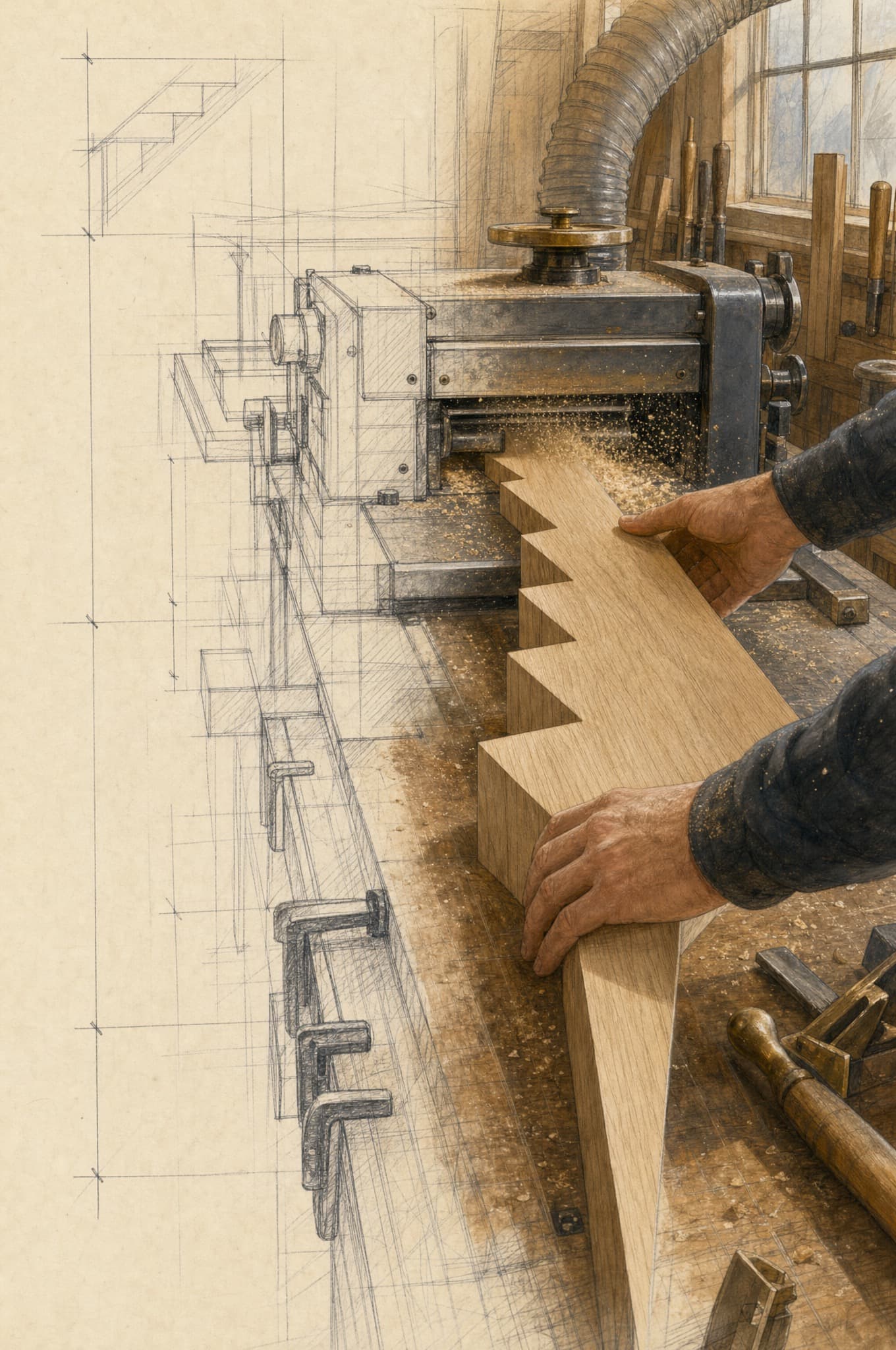 Cutting and fitting stair parts on the shop floor — process illustration