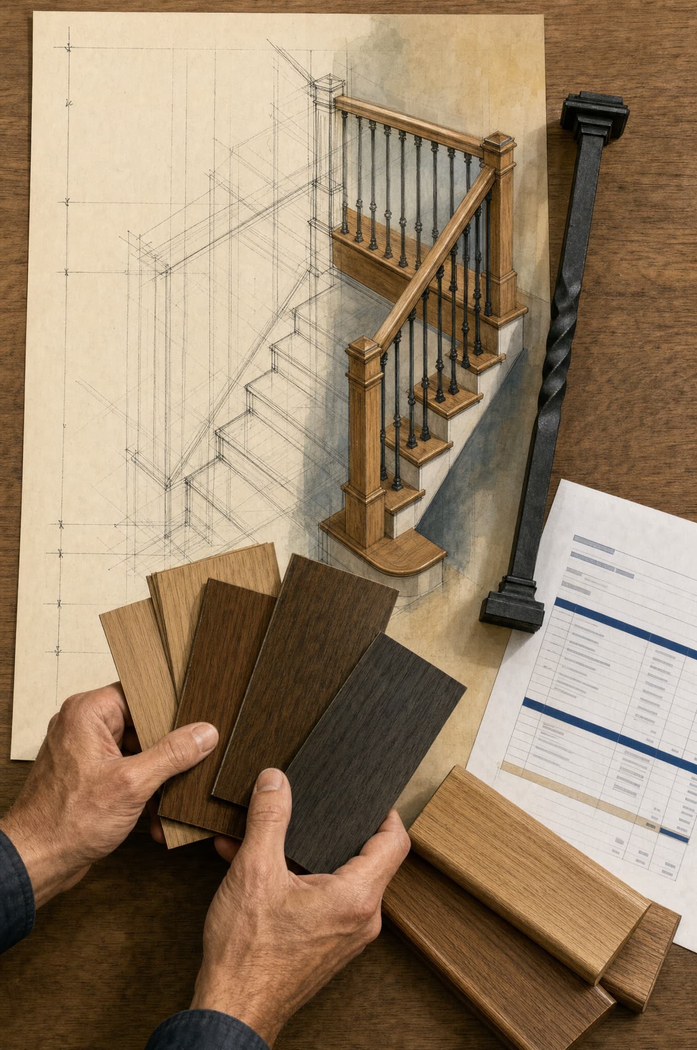 Choosing wood species, baluster pattern, and finish samples — process illustration