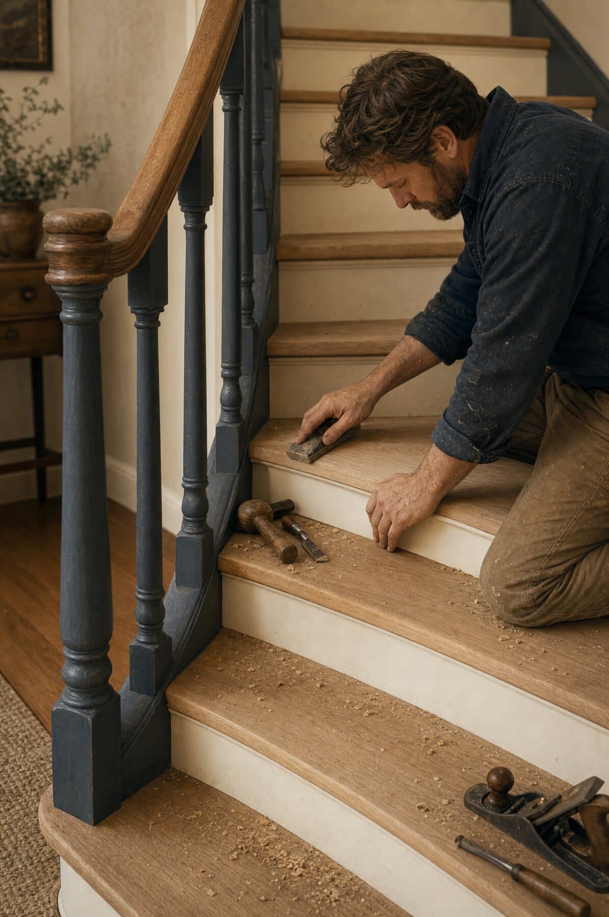 Fitting and hand-sanding new oak treads on an existing stair — process illustration.