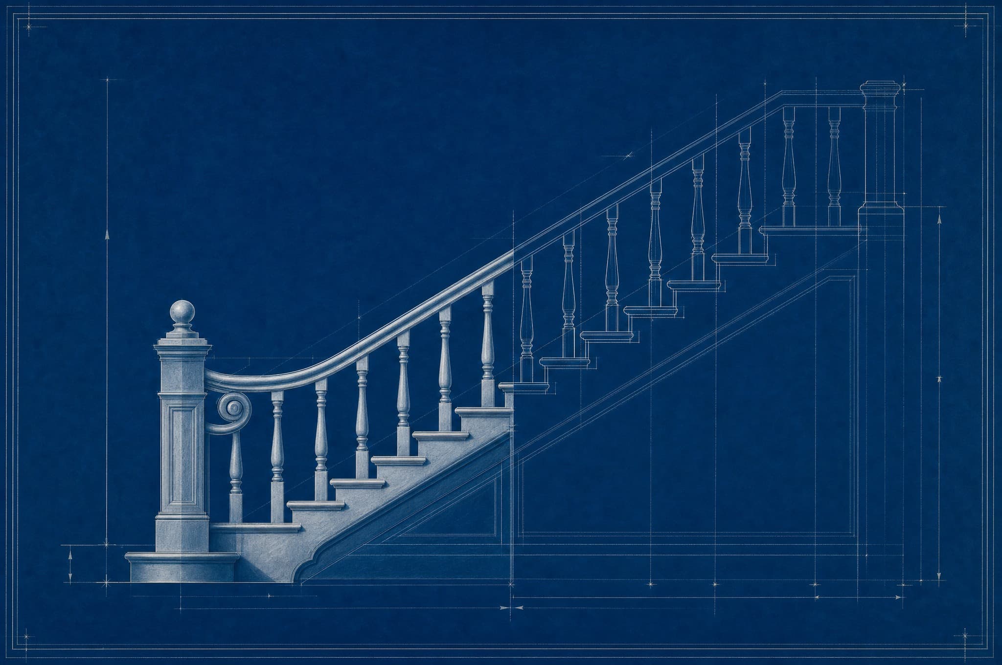 Illustration — field-measuring a staircase opening on a job site.