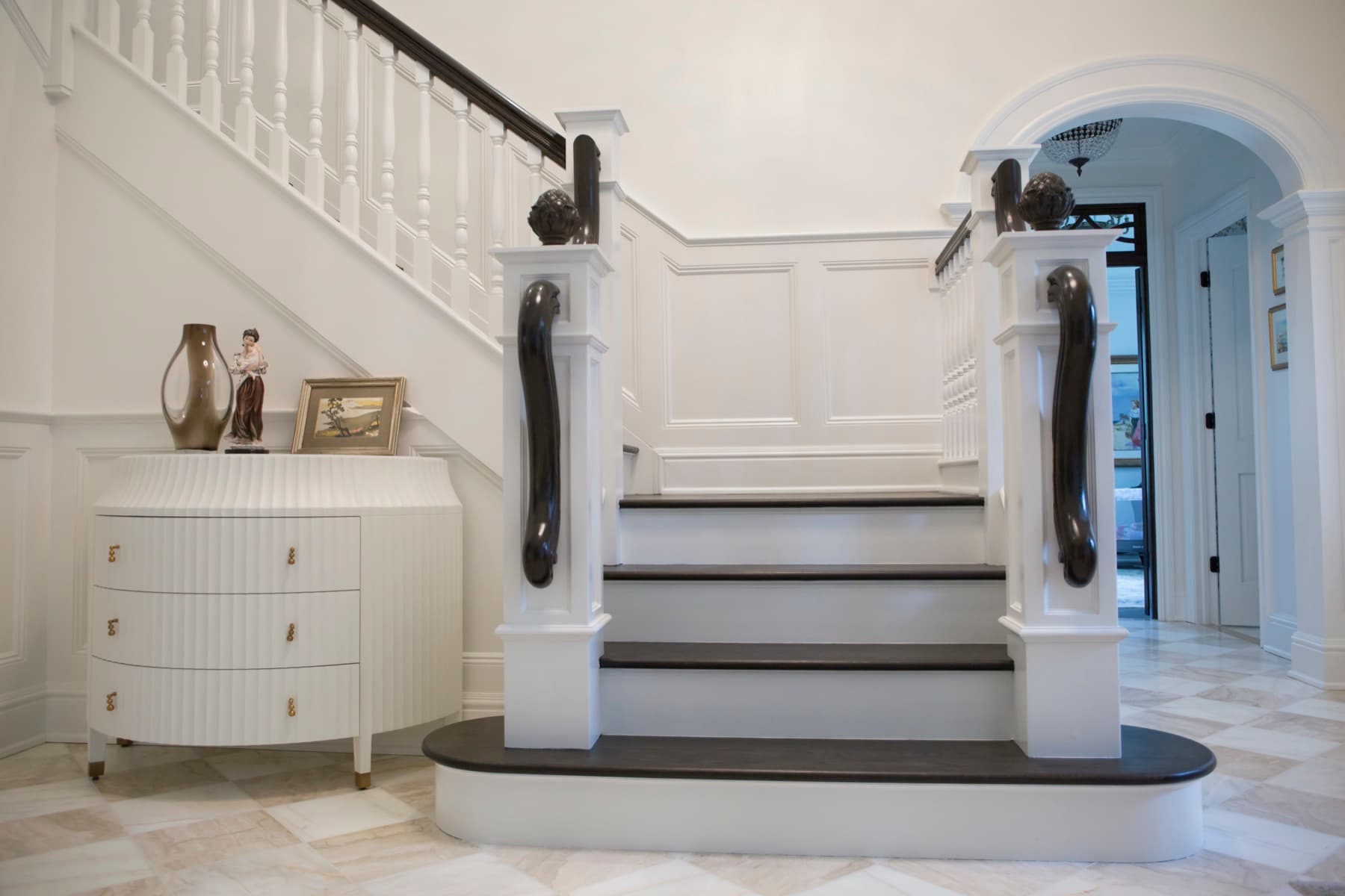Period staircase with carved finials and turned newels — Snyder Stairs restoration