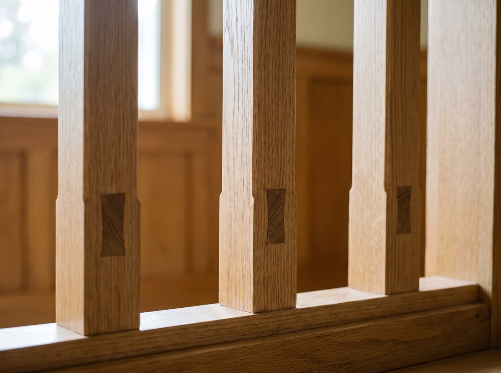 Square wood balusters on a Craftsman-style stair — warm wood, clean lines