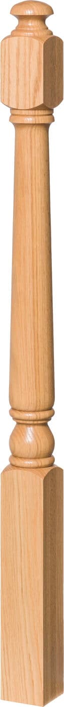 Colonial-revival turned wood newel post with three-piece cap